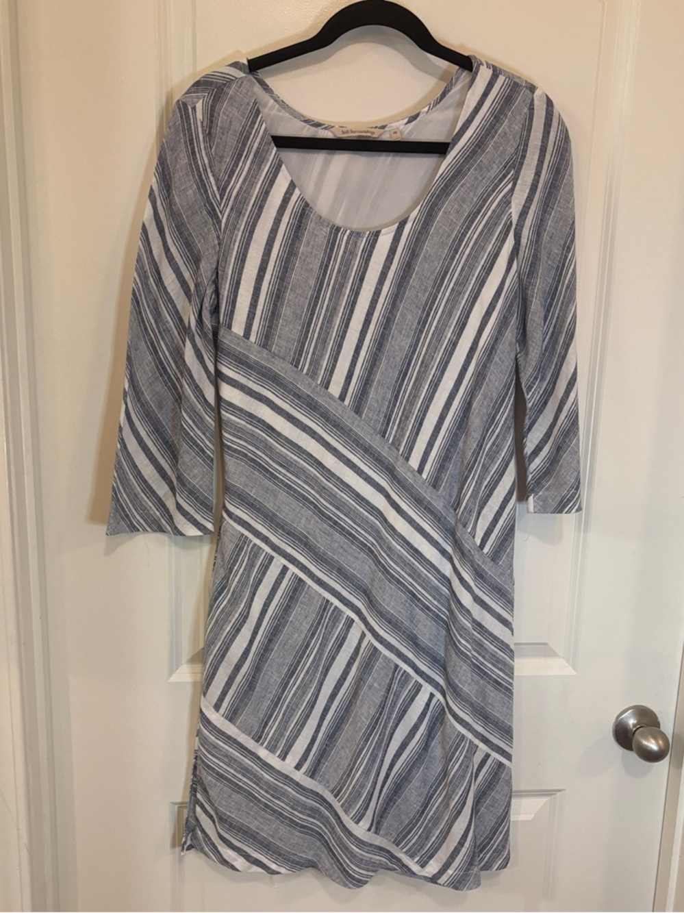 Soft Surroundings Blue and White Striped midi 3/4 Sleeve Dress